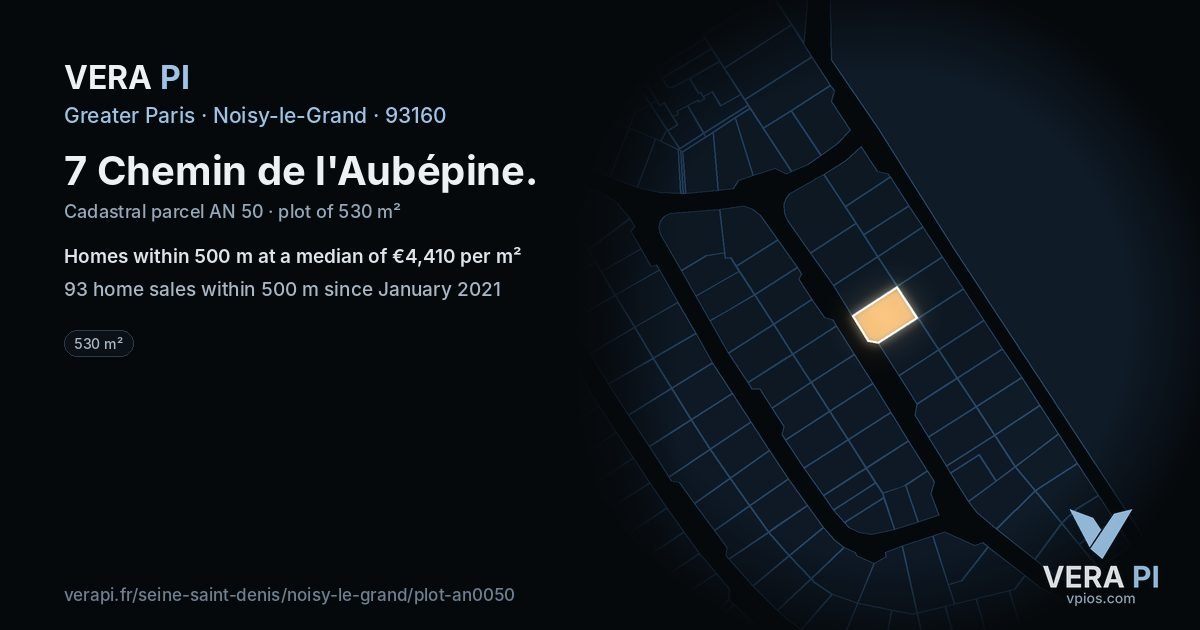 7 Chemin de l'Aubépine, Noisy-le-Grand at night – the plot lit, the parcels around coloured by the prices near them