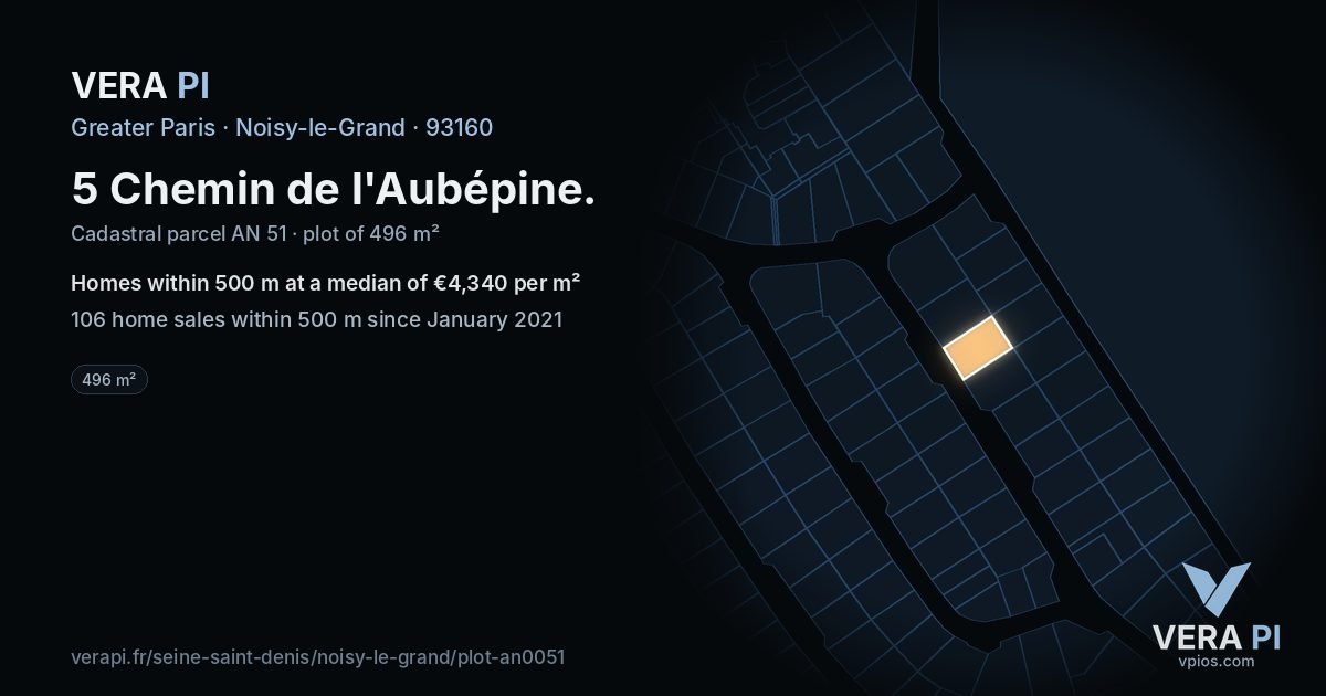 5 Chemin de l'Aubépine, Noisy-le-Grand at night – the plot lit, the parcels around coloured by the prices near them