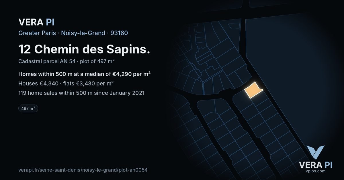 12 Chemin des Sapins, Noisy-le-Grand at night – the plot lit, the parcels around coloured by the prices near them