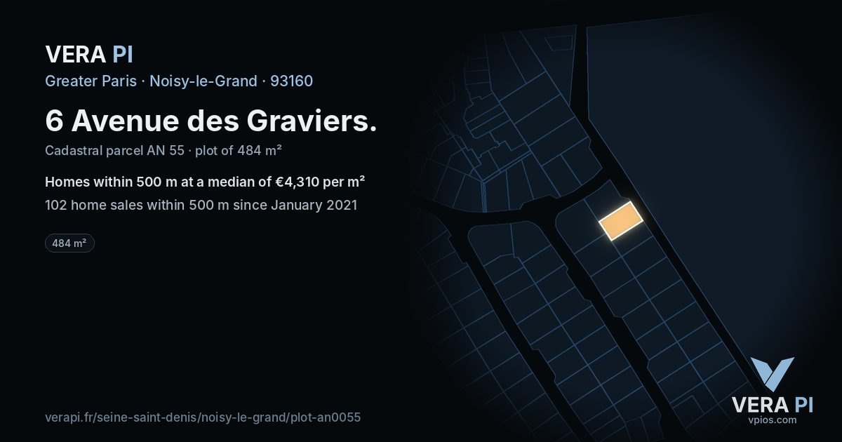6 Avenue des Graviers, Noisy-le-Grand at night – the plot lit, the parcels around coloured by the prices near them
