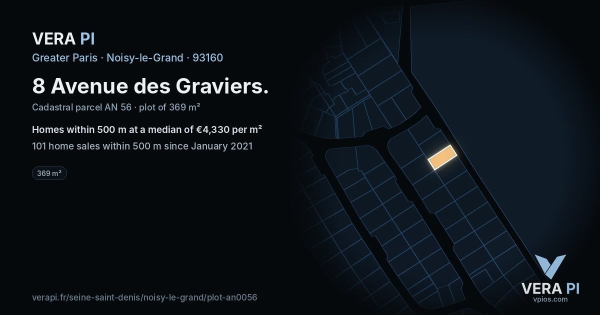 8 Avenue des Graviers, Noisy-le-Grand at night – the plot lit, the parcels around coloured by the prices near them