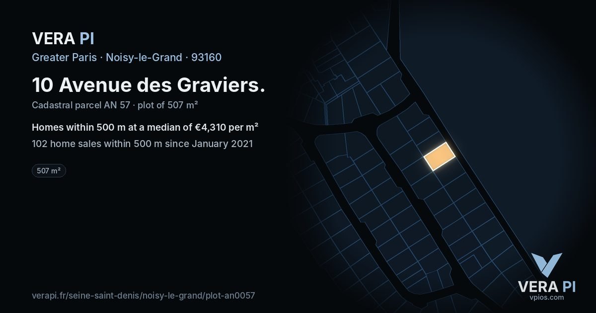 10 Avenue des Graviers, Noisy-le-Grand at night – the plot lit, the parcels around coloured by the prices near them