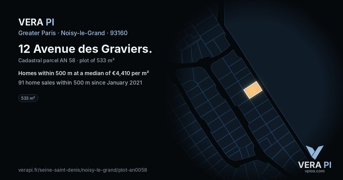 12 Avenue des Graviers, Noisy-le-Grand at night – the plot lit, the parcels around coloured by the prices near them