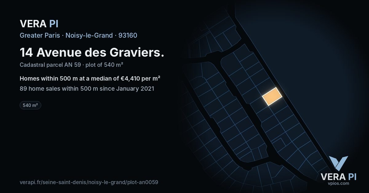 14 Avenue des Graviers, Noisy-le-Grand at night – the plot lit, the parcels around coloured by the prices near them