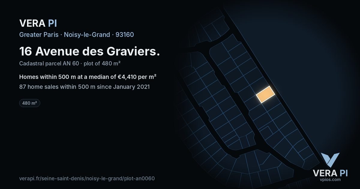 16 Avenue des Graviers, Noisy-le-Grand at night – the plot lit, the parcels around coloured by the prices near them