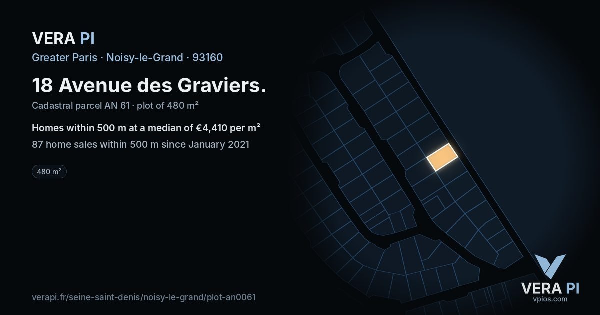 18 Avenue des Graviers, Noisy-le-Grand at night – the plot lit, the parcels around coloured by the prices near them
