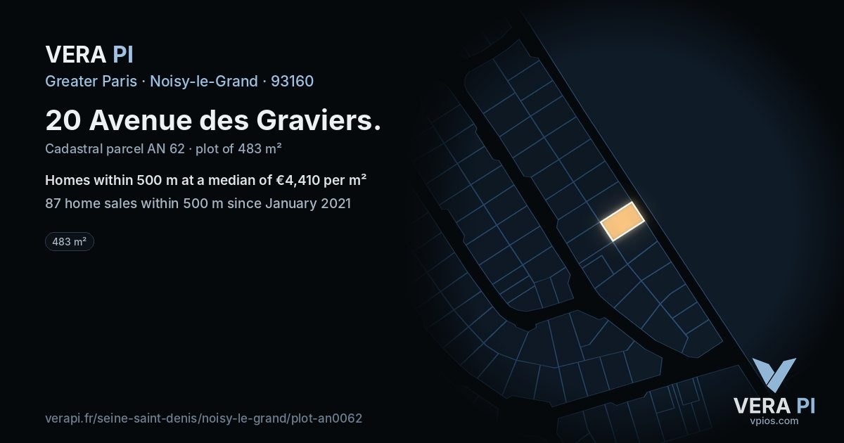20 Avenue des Graviers, Noisy-le-Grand at night – the plot lit, the parcels around coloured by the prices near them