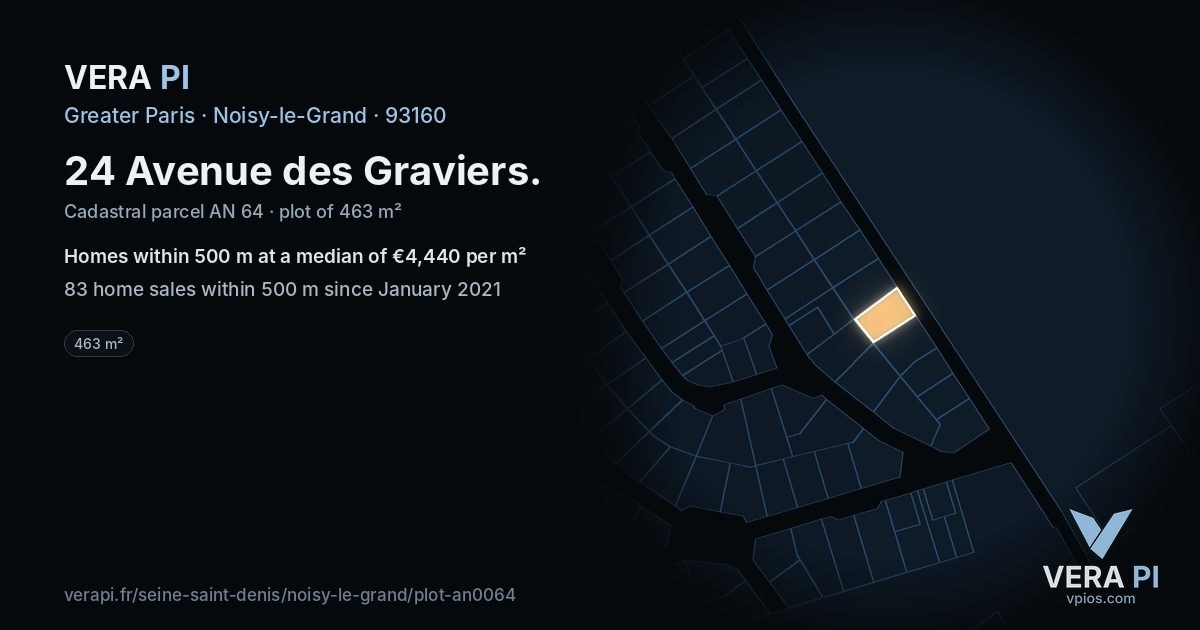 24 Avenue des Graviers, Noisy-le-Grand at night – the plot lit, the parcels around coloured by the prices near them