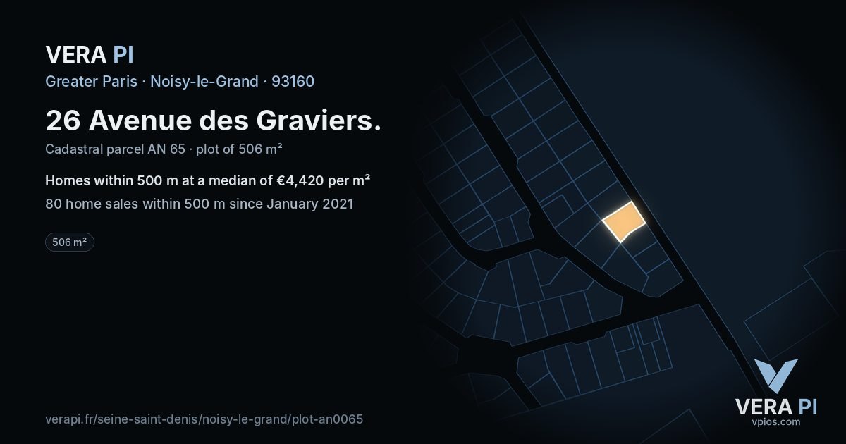 26 Avenue des Graviers, Noisy-le-Grand at night – the plot lit, the parcels around coloured by the prices near them