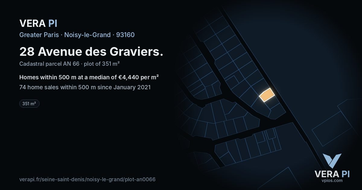 28 Avenue des Graviers, Noisy-le-Grand at night – the plot lit, the parcels around coloured by the prices near them