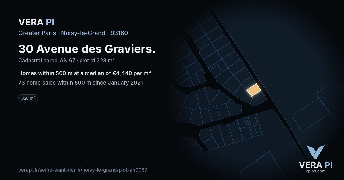 30 Avenue des Graviers, Noisy-le-Grand at night – the plot lit, the parcels around coloured by the prices near them