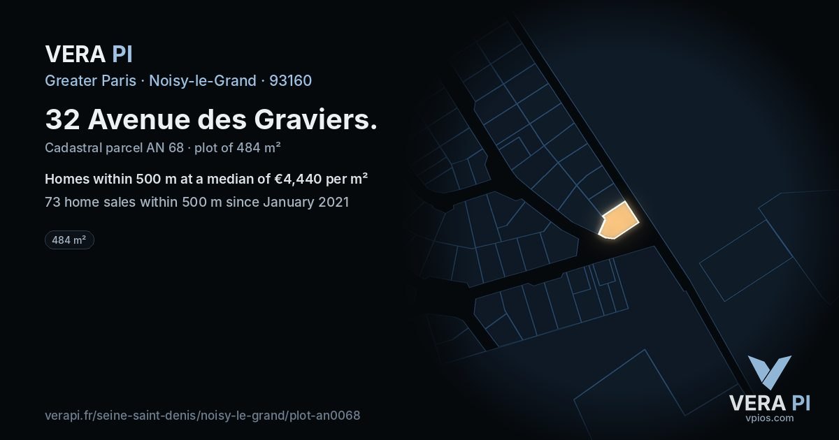 32 Avenue des Graviers, Noisy-le-Grand at night – the plot lit, the parcels around coloured by the prices near them