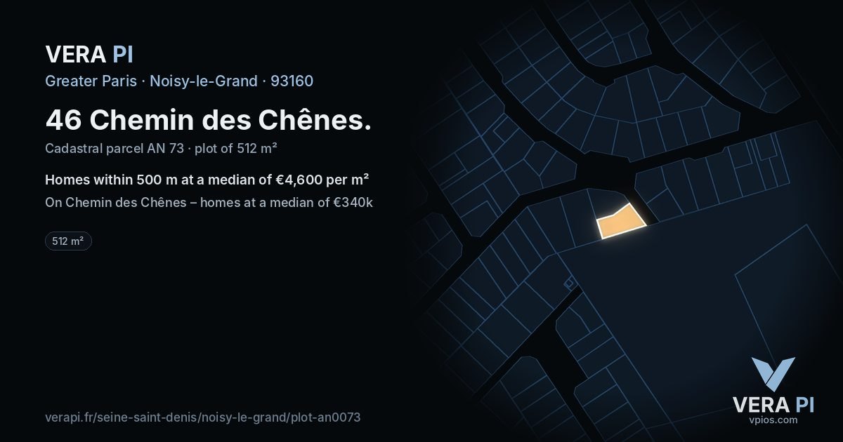 46 Chemin des Chênes, Noisy-le-Grand at night – the plot lit, the parcels around coloured by the prices near them