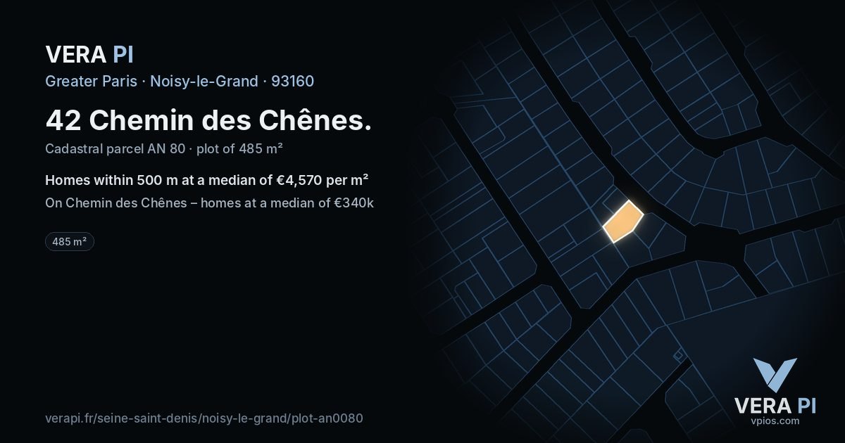 42 Chemin des Chênes, Noisy-le-Grand at night – the plot lit, the parcels around coloured by the prices near them