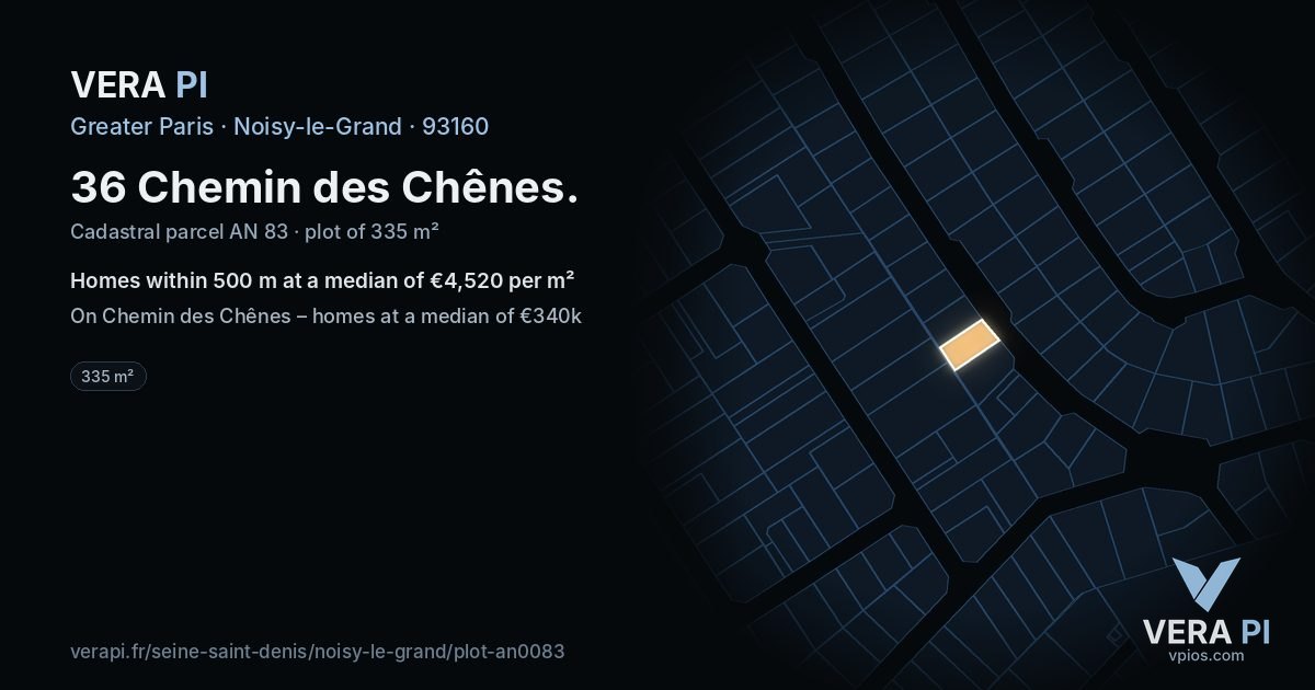 36 Chemin des Chênes, Noisy-le-Grand at night – the plot lit, the parcels around coloured by the prices near them