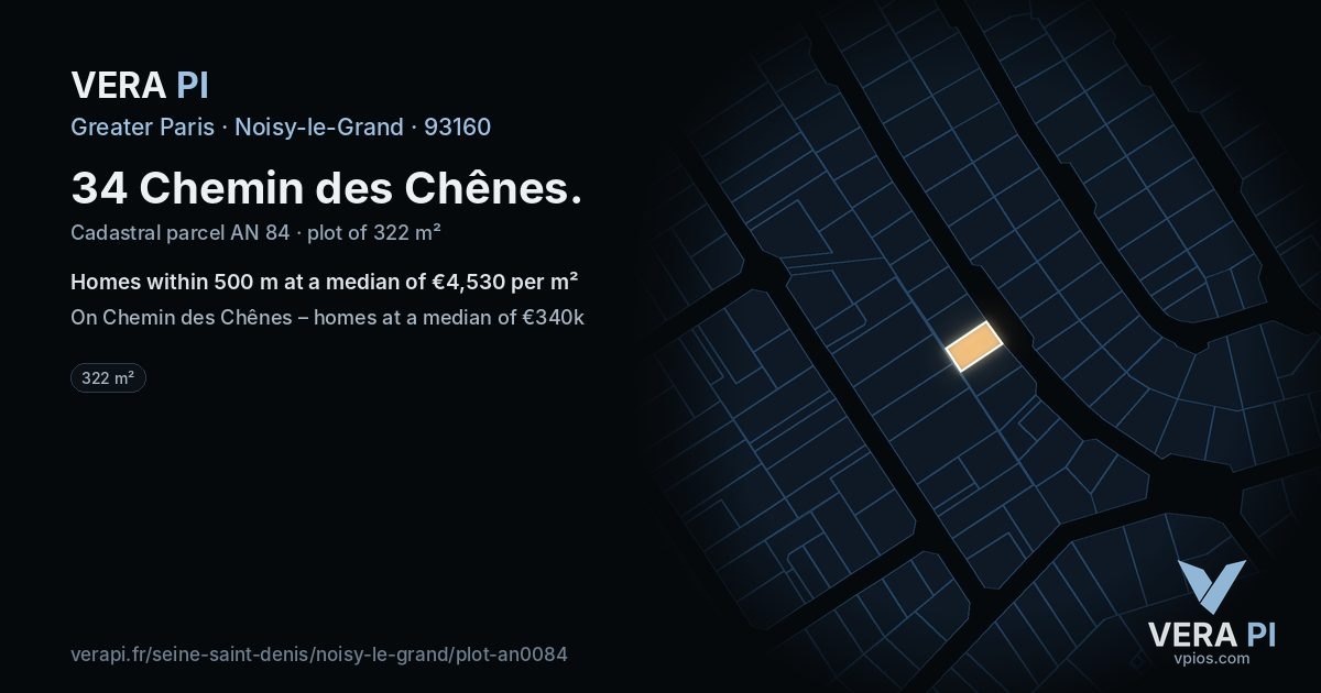 34 Chemin des Chênes, Noisy-le-Grand at night – the plot lit, the parcels around coloured by the prices near them