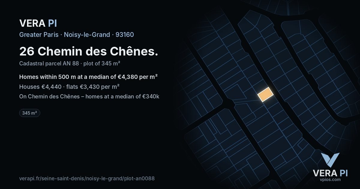 26 Chemin des Chênes, Noisy-le-Grand at night – the plot lit, the parcels around coloured by the prices near them