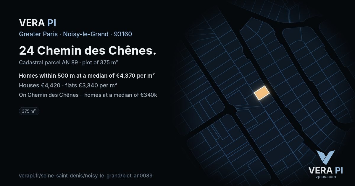 24 Chemin des Chênes, Noisy-le-Grand at night – the plot lit, the parcels around coloured by the prices near them