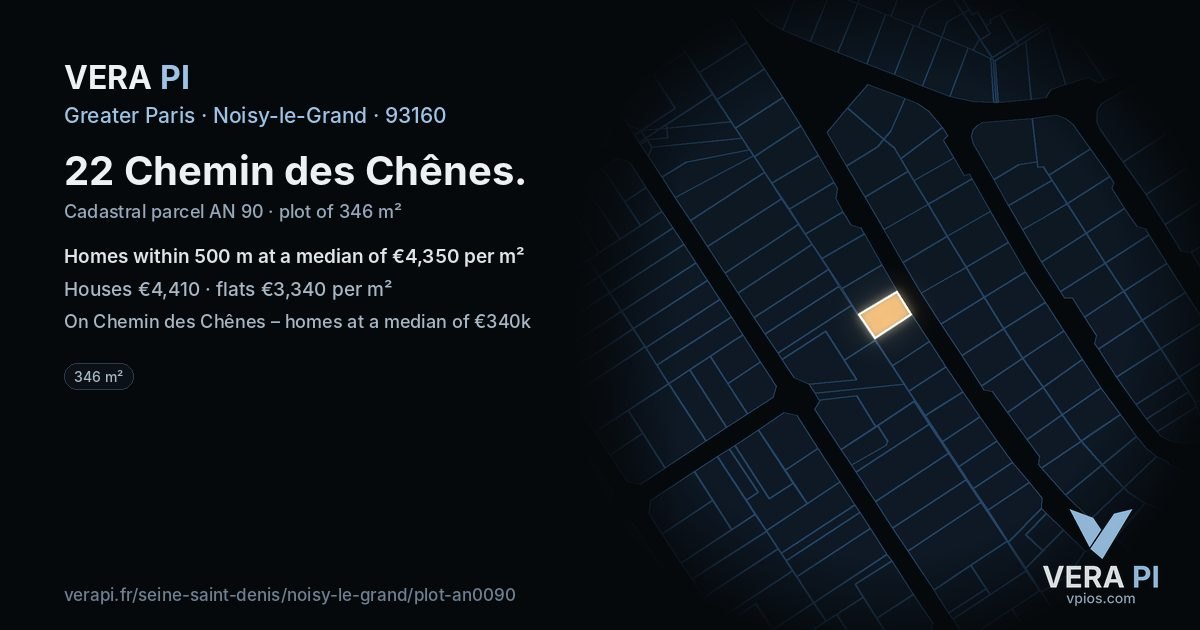 22 Chemin des Chênes, Noisy-le-Grand at night – the plot lit, the parcels around coloured by the prices near them