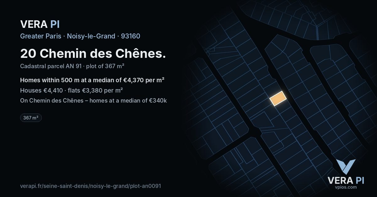 20 Chemin des Chênes, Noisy-le-Grand at night – the plot lit, the parcels around coloured by the prices near them