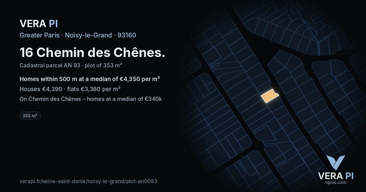16 Chemin des Chênes, Noisy-le-Grand at night – the plot lit, the parcels around coloured by the prices near them