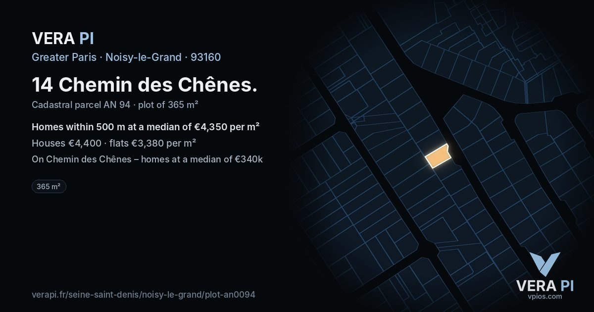 14 Chemin des Chênes, Noisy-le-Grand at night – the plot lit, the parcels around coloured by the prices near them