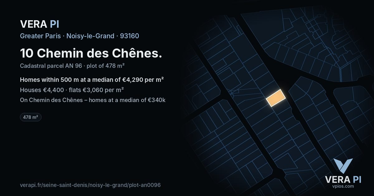10 Chemin des Chênes, Noisy-le-Grand at night – the plot lit, the parcels around coloured by the prices near them