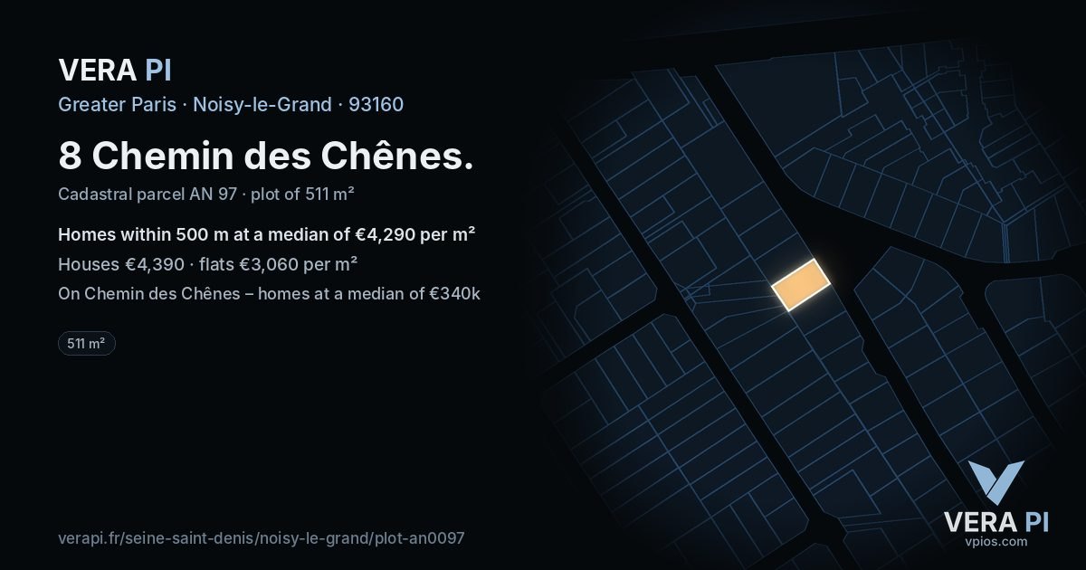 8 Chemin des Chênes, Noisy-le-Grand at night – the plot lit, the parcels around coloured by the prices near them
