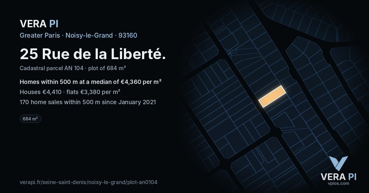 25 Rue de la Liberté, Noisy-le-Grand at night – the plot lit, the parcels around coloured by the prices near them