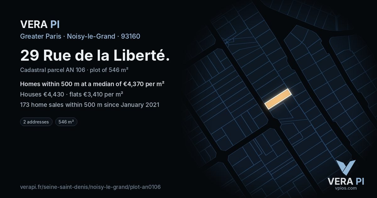 29 Rue de la Liberté, Noisy-le-Grand at night – the plot lit, the parcels around coloured by the prices near them