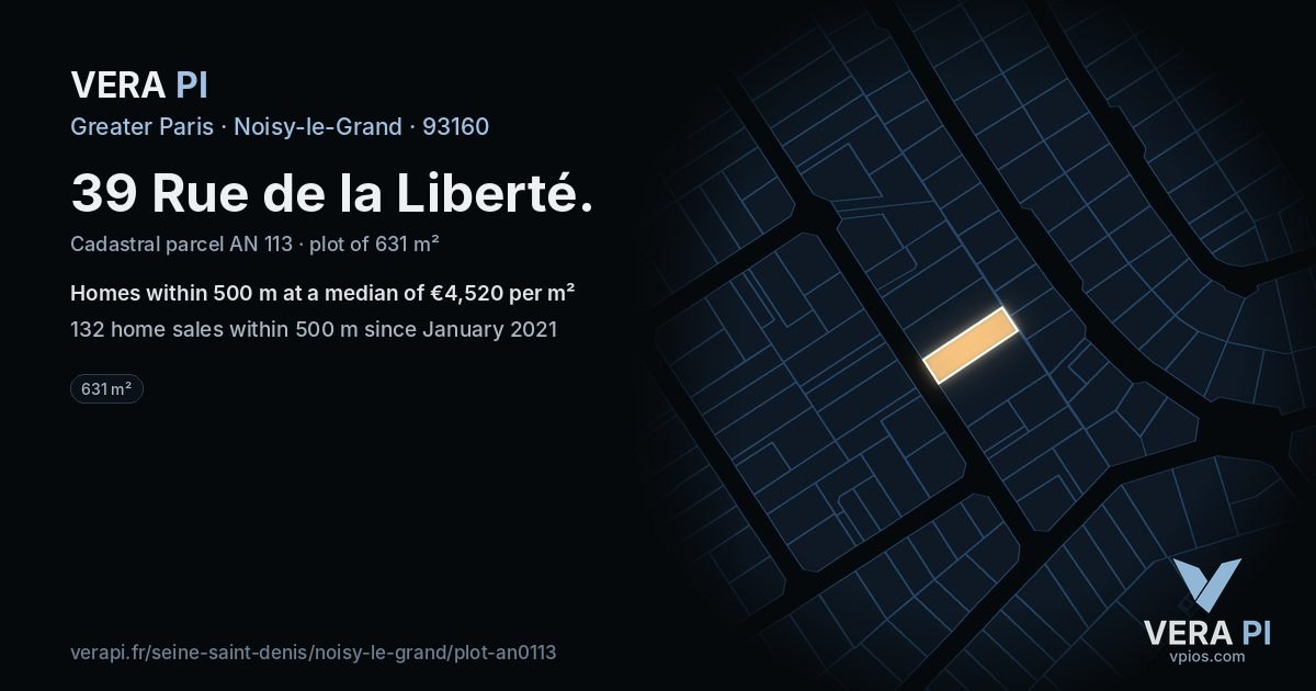 39 Rue de la Liberté, Noisy-le-Grand at night – the plot lit, the parcels around coloured by the prices near them