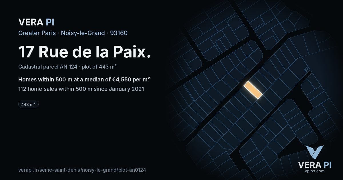 17 Rue de la Paix, Noisy-le-Grand at night – the plot lit, the parcels around coloured by the prices near them