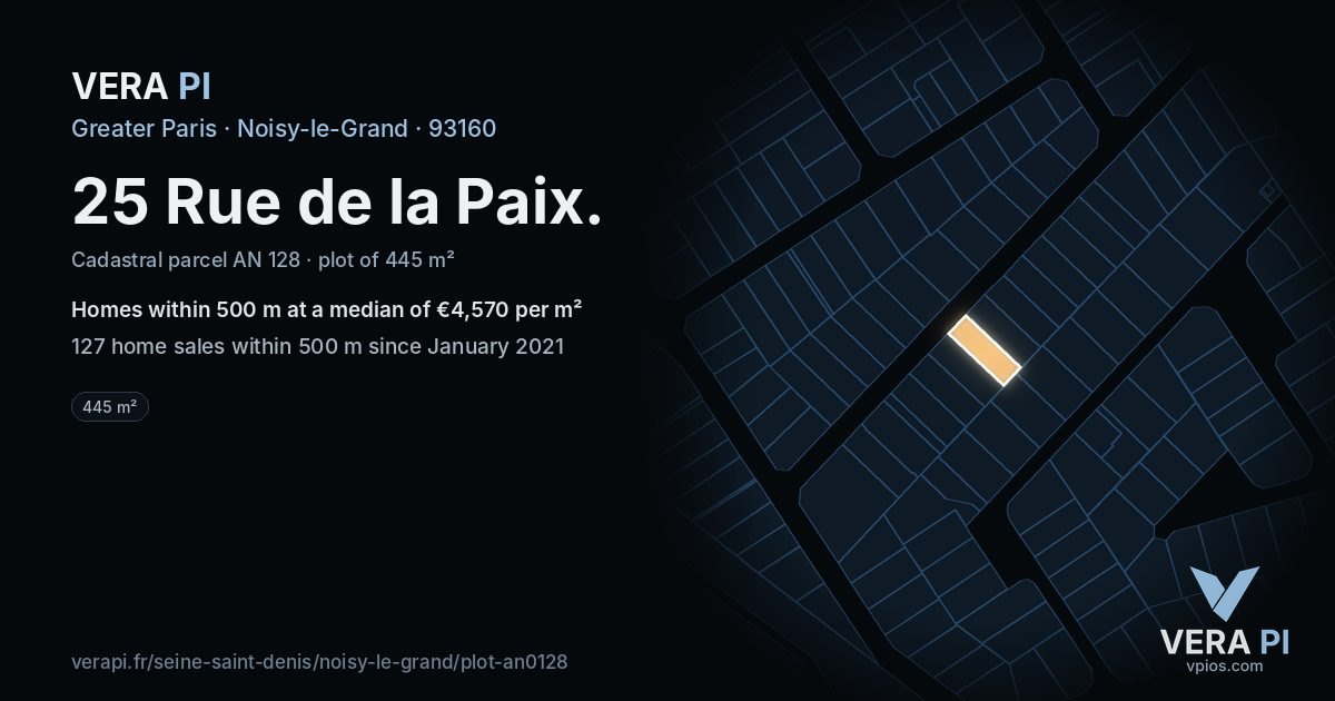 25 Rue de la Paix, Noisy-le-Grand at night – the plot lit, the parcels around coloured by the prices near them