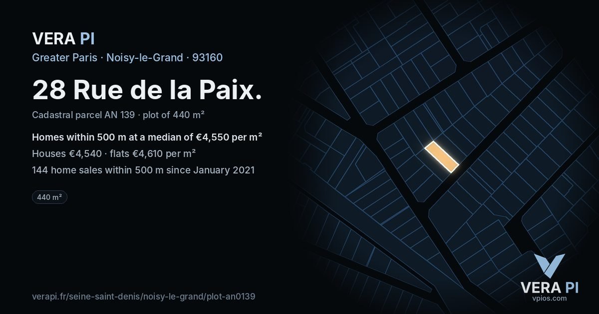 28 Rue de la Paix, Noisy-le-Grand at night – the plot lit, the parcels around coloured by the prices near them