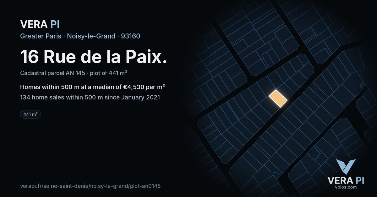 16 Rue de la Paix, Noisy-le-Grand at night – the plot lit, the parcels around coloured by the prices near them