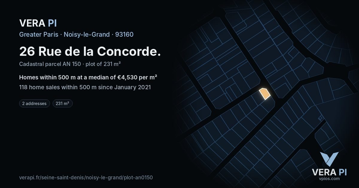 26 Rue de la Concorde, Noisy-le-Grand at night – the plot lit, the parcels around coloured by the prices near them
