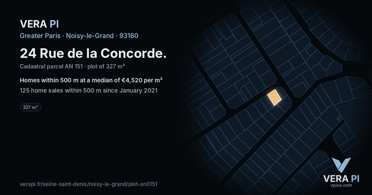 24 Rue de la Concorde, Noisy-le-Grand at night – the plot lit, the parcels around coloured by the prices near them