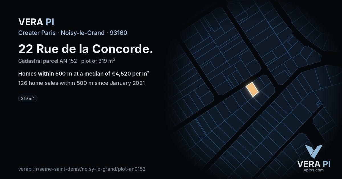 22 Rue de la Concorde, Noisy-le-Grand at night – the plot lit, the parcels around coloured by the prices near them