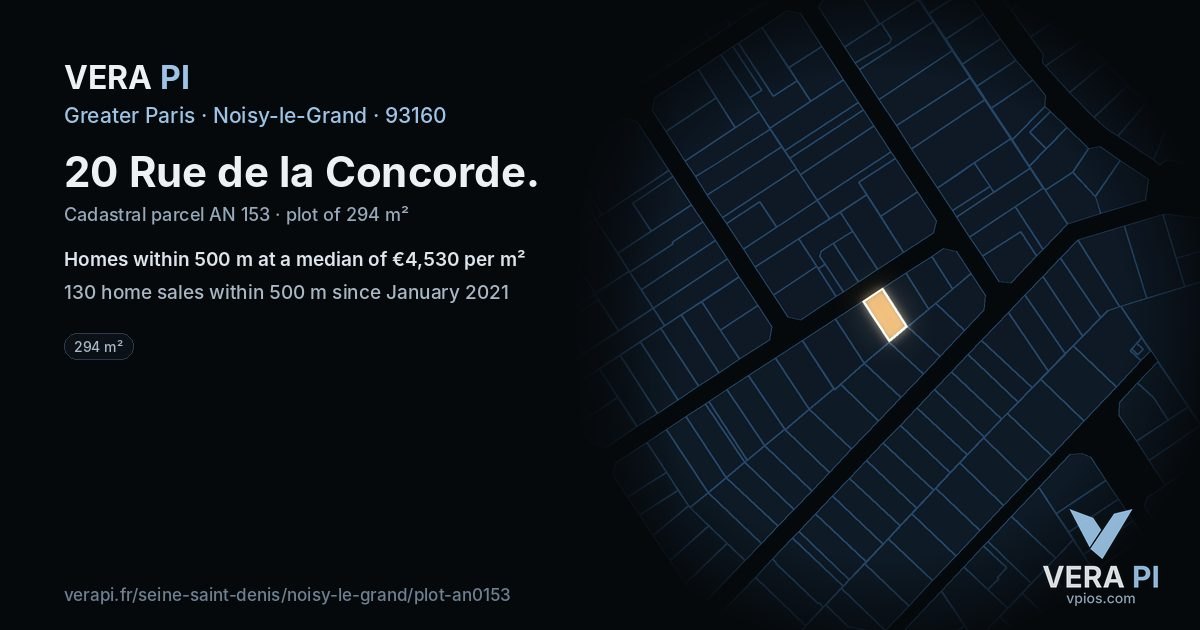20 Rue de la Concorde, Noisy-le-Grand at night – the plot lit, the parcels around coloured by the prices near them
