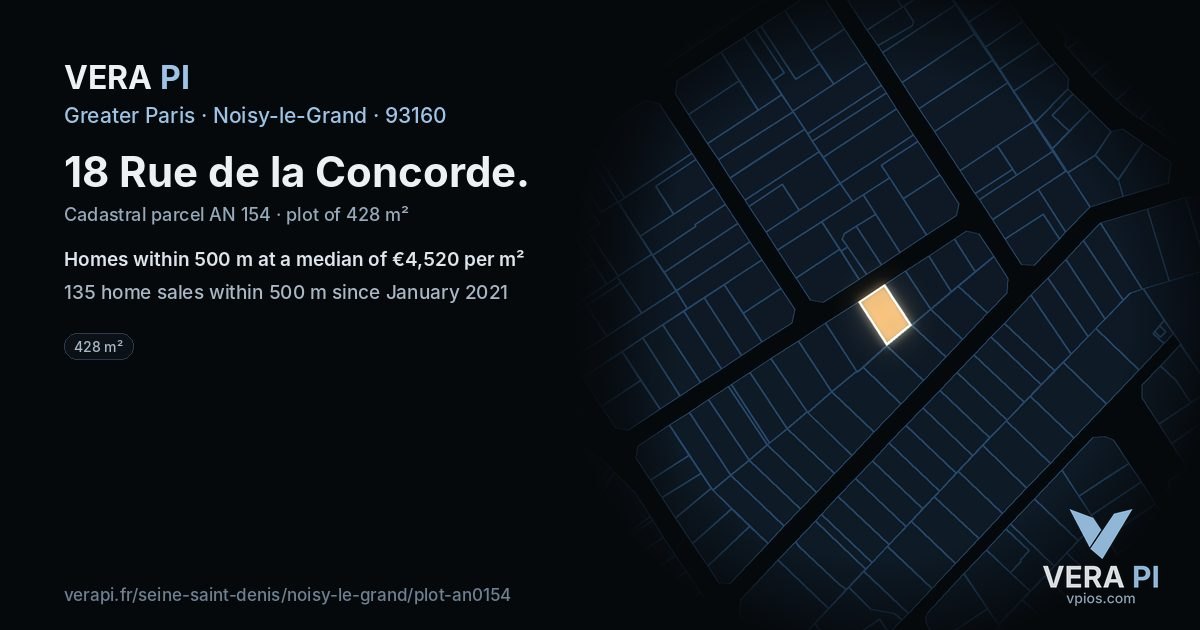 18 Rue de la Concorde, Noisy-le-Grand at night – the plot lit, the parcels around coloured by the prices near them