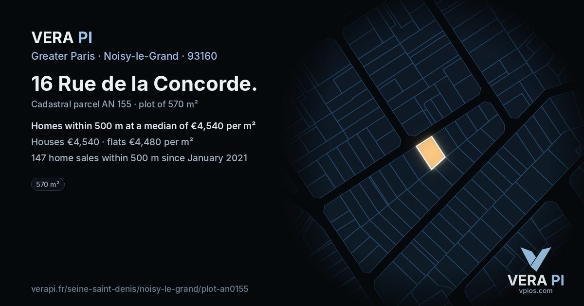 16 Rue de la Concorde, Noisy-le-Grand at night – the plot lit, the parcels around coloured by the prices near them