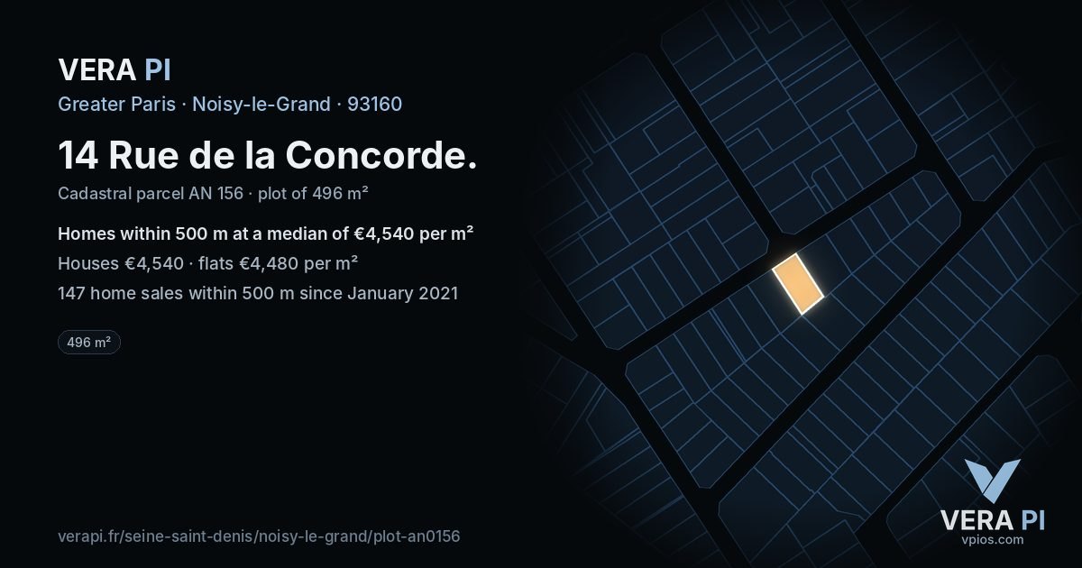 14 Rue de la Concorde, Noisy-le-Grand at night – the plot lit, the parcels around coloured by the prices near them