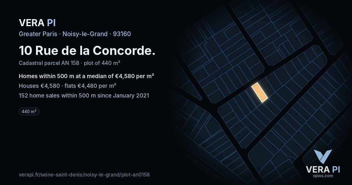 10 Rue de la Concorde, Noisy-le-Grand at night – the plot lit, the parcels around coloured by the prices near them