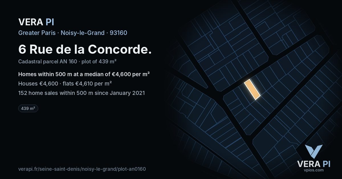 6 Rue de la Concorde, Noisy-le-Grand at night – the plot lit, the parcels around coloured by the prices near them