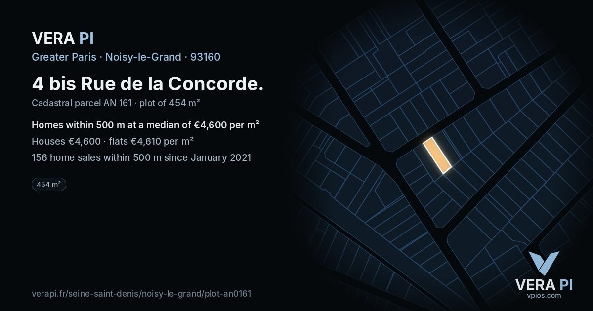 4 bis Rue de la Concorde, Noisy-le-Grand at night – the plot lit, the parcels around coloured by the prices near them