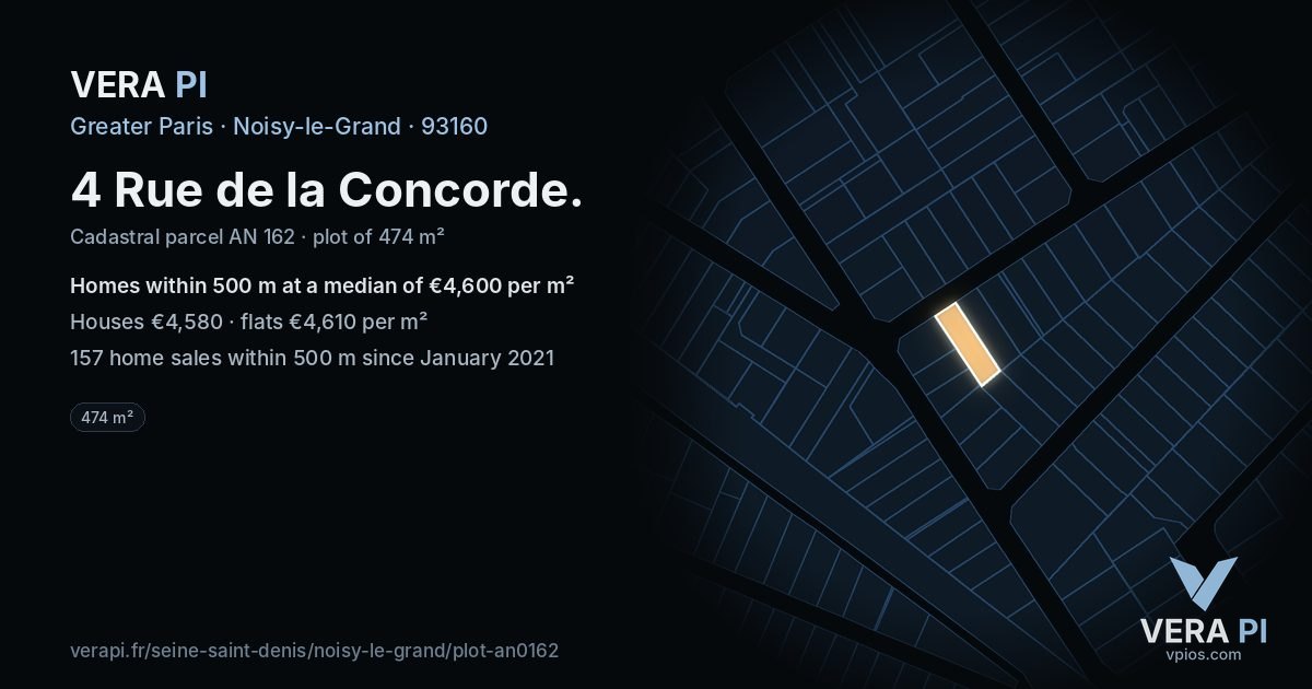 4 Rue de la Concorde, Noisy-le-Grand at night – the plot lit, the parcels around coloured by the prices near them