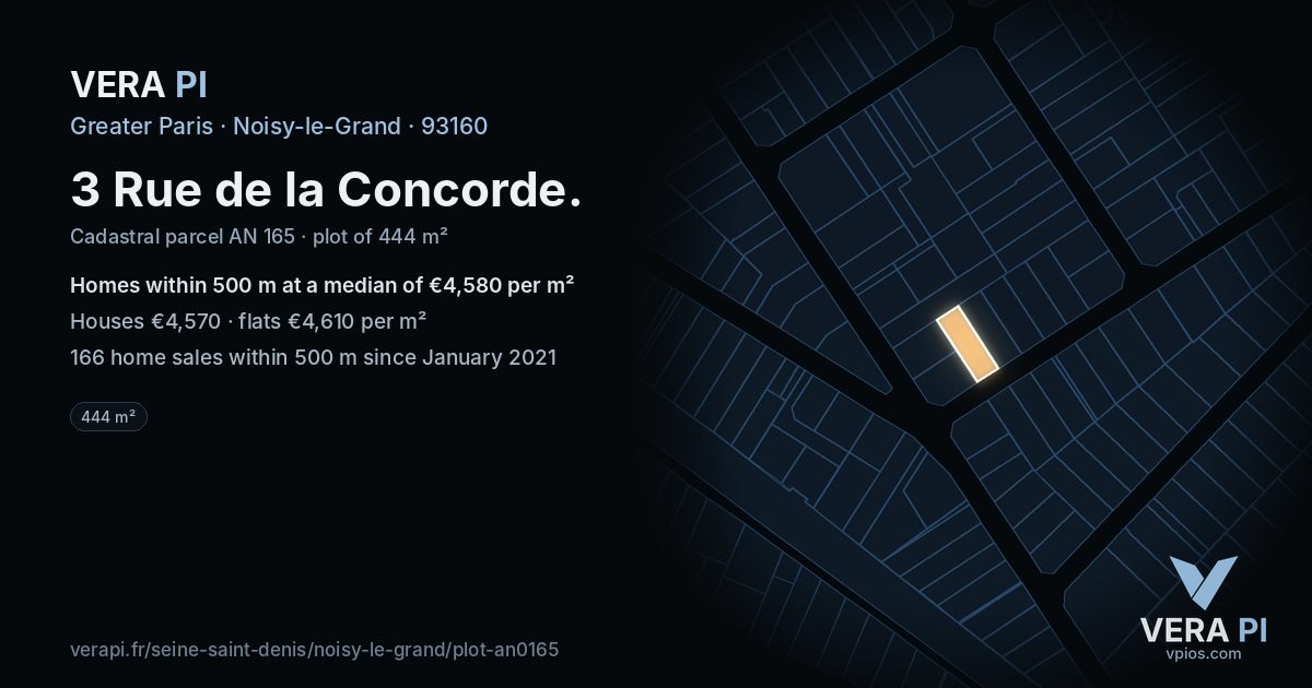 3 Rue de la Concorde, Noisy-le-Grand at night – the plot lit, the parcels around coloured by the prices near them