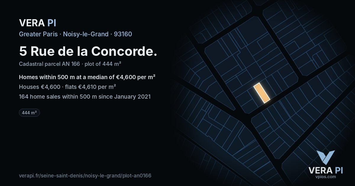 5 Rue de la Concorde, Noisy-le-Grand at night – the plot lit, the parcels around coloured by the prices near them