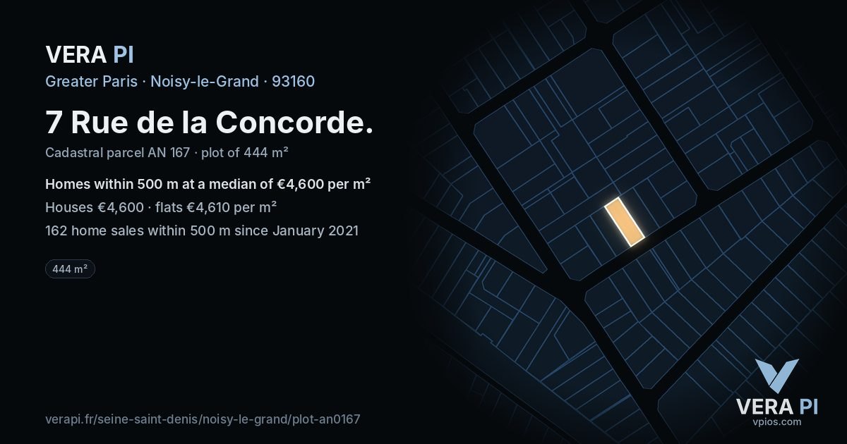 7 Rue de la Concorde, Noisy-le-Grand at night – the plot lit, the parcels around coloured by the prices near them