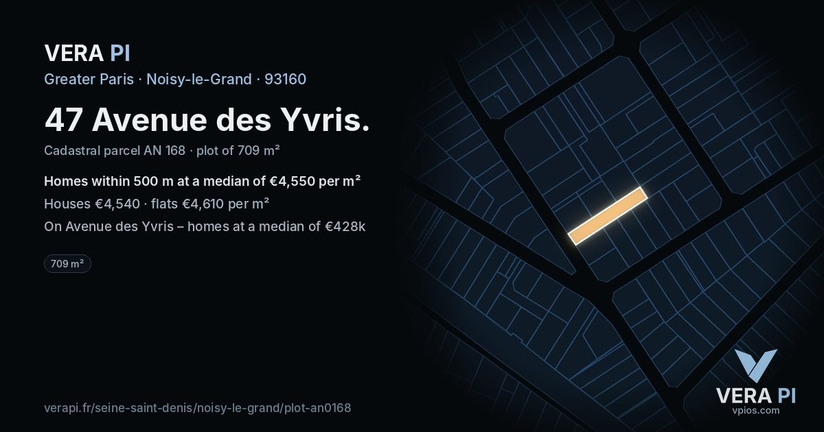47 Avenue des Yvris, Noisy-le-Grand at night – the plot lit, the parcels around coloured by the prices near them